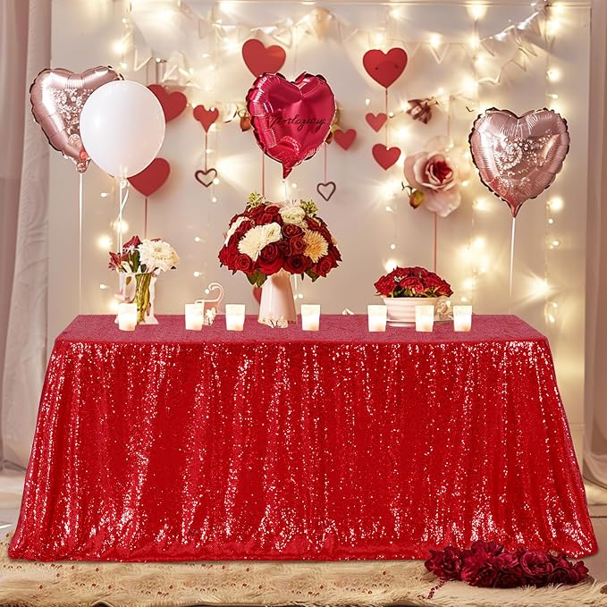 Poise3EHome Red Sequin Tablecloth 90×156 Inch Rectangle Sparkly Fabric Table Cloth for Birthday Wedding Christmas Party Holiday Baby Shower Decoration