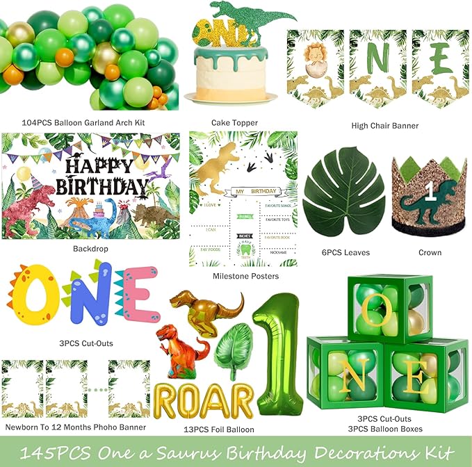 Hombae One a Saurus Birthday Decorations, Dinosaur 1st Party for One Year Old Boy Backdrop Balloon Garland Leaves Monthly Photo Highchair Banner Box Cutout Cake Topper Crown Poster 139 PCs