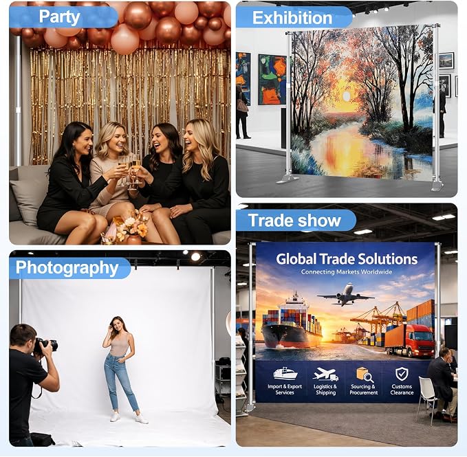 10 x 10FT Backdrop Banner Stand, Heavy Duty Adjustable Photo Background Support Frame Kit, Step and Repeat Stand for Photo Booth, Parties, Exhibition, Trade Show, Wedding - Silver
