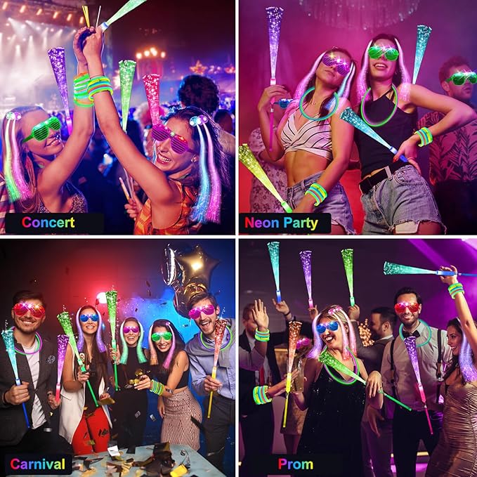 OLUPP 148 PCS Glow in the Dark Party Supplies, 16 Fiber Optic Wands, 14 LED Glasses, 100 Glow Sticks and 18 LED Hair Clips Fiber Optic for Neon Party, Wedding, Birthday, Concert, New Year