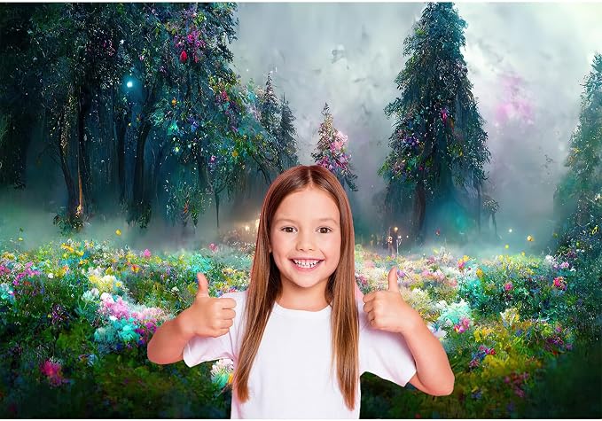 Fantasy Forest Backdrop Evening Light Magic Field Photography Background Abstract Deep Jungle Rainforest Landscape Backdrop Decors Misty Foggy Night Meadow Lush Flowers Background Props 5x4ft