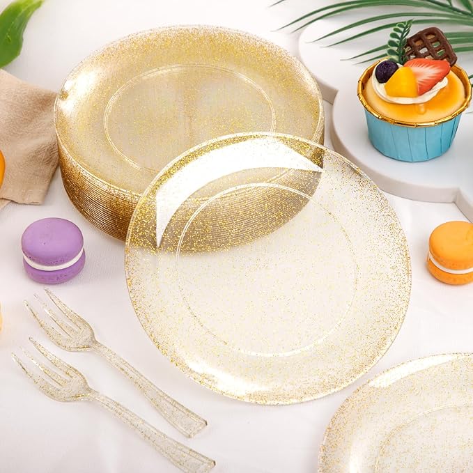Festiva 200Pcs Gold Glitter Dessert Plates 6.3" with Forks 5"-Small Plastic Dessert/Cake/Appetizer Plates Disposable for 100 Guests Easter Party &Wedding& Birthday&Mother's Day