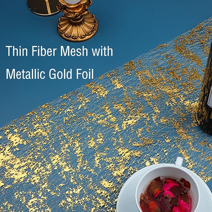 Snowkingdom Glitter Metallic Gold Table Runner 11 Inch x 100 Feet Thin Mesh Sparkle Runner Roll Table Decorations for Wedding Bridal Shower, Baby Shower, Christmas, Birthday Party