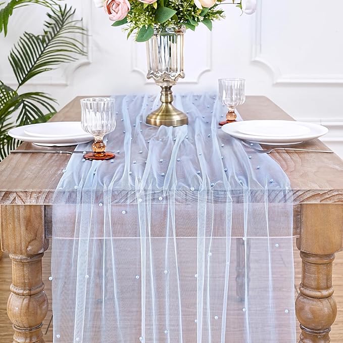 LuoluoHouse Pearl Table Runner Wedding Centerpieces: 12pcs 10ft Pearl Table Decor Tulle Chiffon Fabric for Wedding Decor Birthday Party Dining Table Cover (29x120 Inch,Baby Blue)