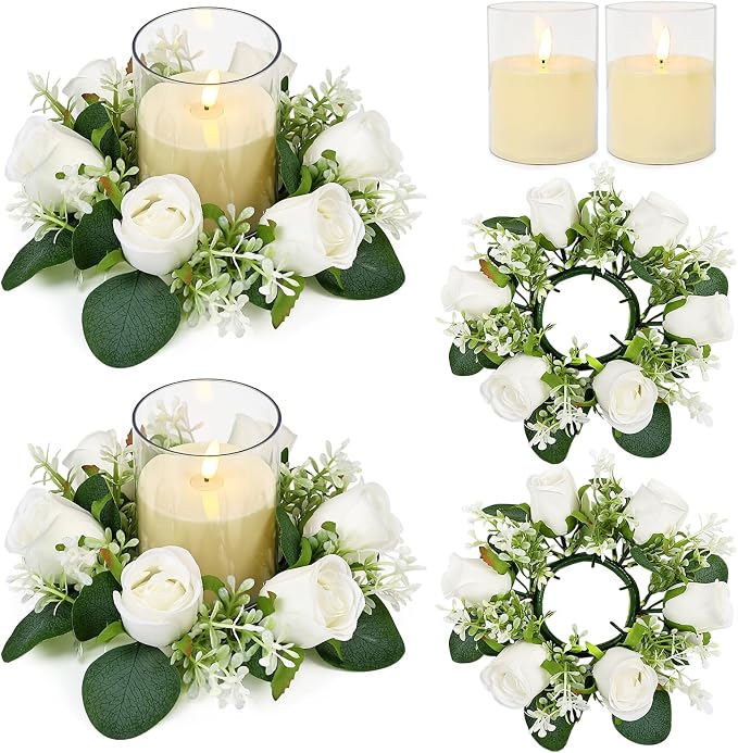 White Rose Candle Rings with Flameless Candles Sets - 4PCS Artificial Flower Eucalyptus Wedding Centerpiece 3 Inch Pillar Candleholders Wreaths for Wedding Party Decor (White - 2 Sets)