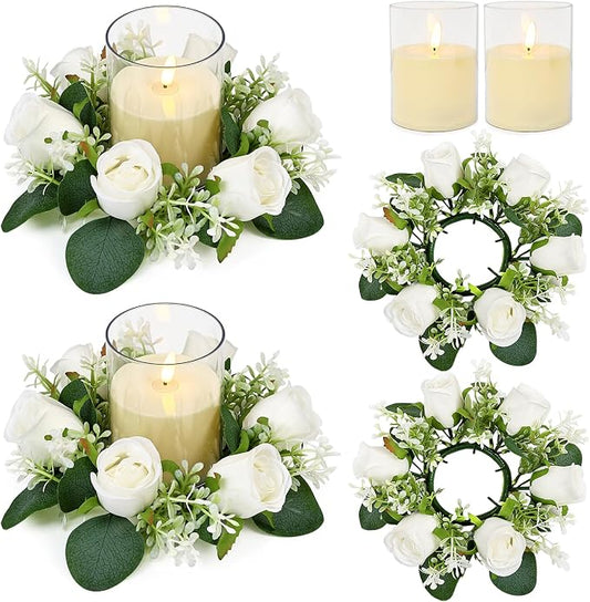 White Rose Candle Rings with Flameless Candles Sets - 4PCS Artificial Flower Eucalyptus Wedding Centerpiece 3 Inch Pillar Candleholders Wreaths for Wedding Party Decor (White - 2 Sets)