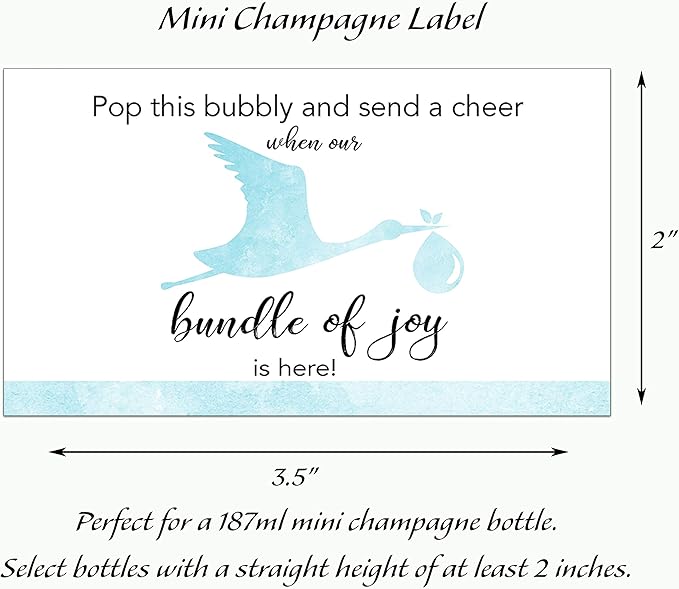 Baby BOY Baby Shower Mini Champagne Labels - She’s About to POP Mini Champagne Bottle Labels ● Set of 12 ● Thank You for Celebrating with us - Blue Stork Bundle of Joy Favors Waterproof M101-STORK-12