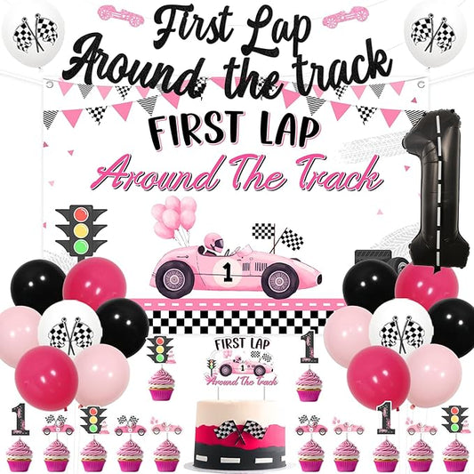 Race Car 1st Birthday Party Decorations Girls First Lap Around The Track Banner Pink Black Racing Themed 1st Birthday Backdrop Cake Cupcake Topper Number 1 Foil Balloon for Lets Go Racing Party Decor