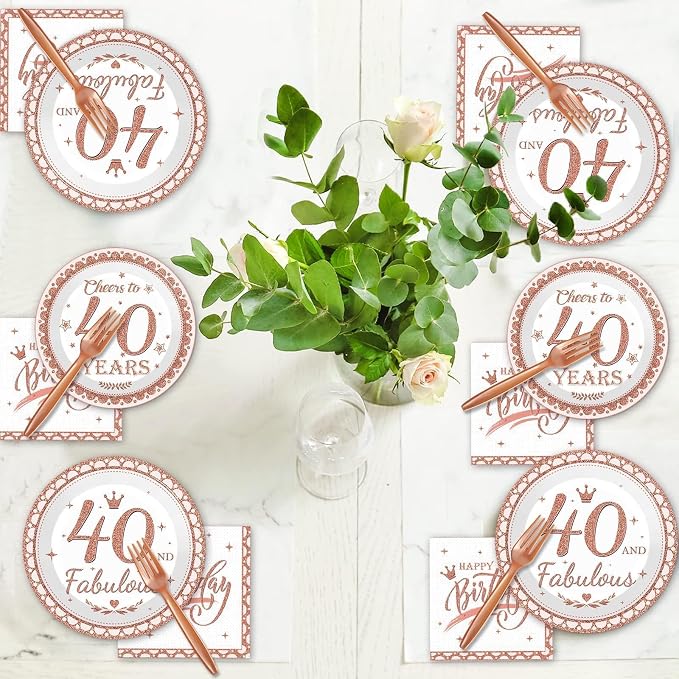 gisgfim 50 Guests 40th Birthday Decorations Plates Napkins for Women Rose Gold Party Supplies 40 Fabulous Happy Birthday Tableware Set Cheers to 40 Years Party Decor Table Decors for Her Girl 200Pcs