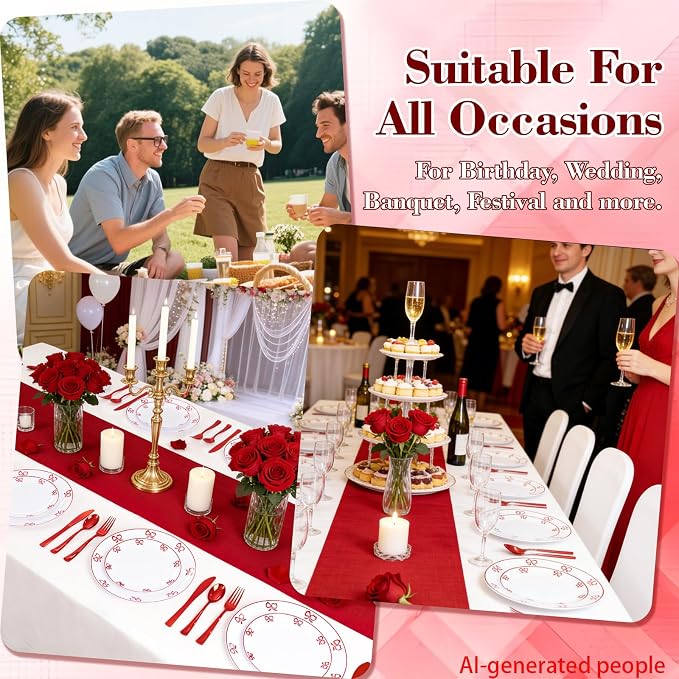 125PCS Red Bow Plastic Plates - White and Red Rim Disposable Plates - 50 Elegant Plates with Bowknot Patterns, 25 Forks, 25 Spoons, 25 Knives for Birthday Wedding Party