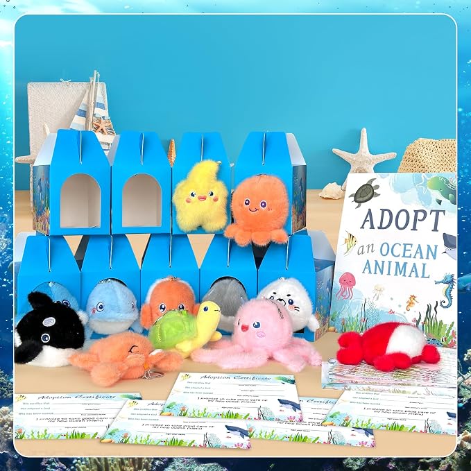 37 Pcs Adopt a Pet Sea Animal Party Favors Include 12 Mini Plush Sea Shark Animals 12 Sea Animals Boxes 12 Adoption Cards 1 Adopt Signboard for Sea Animal Summer Party Pet Adoption Party