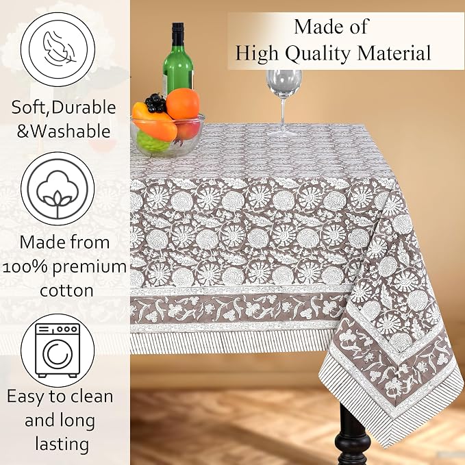 CPC Rustic Brown Tablecloth 100% Cotton 72x140 Inch Indian Block Print Rectangle Table Cover, Table Cloth for Gifting in Weddings, Halloween, Fall, Christmas, Thanksgiving