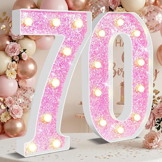 12.6 Inch LED Pink Marquee Light Up Numbers, Sweet 70th Birthday Decorations Number Lights as Gifts for Women, Glitter Lighted Marquee Numbers for Pink Anniversary Party Table Decor, 70