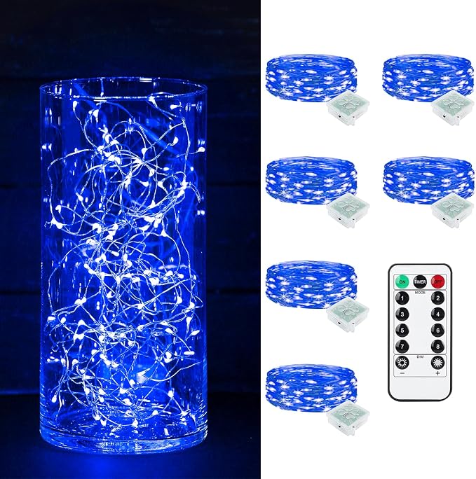 6 Pack Fairy Lights Battery Operated with Remote Timer 8 Lighting Modes,7ft 20 LED Waterproof Mini String Lights for Halloween Christmas Table Centerpieces Bedroom Decorations,Blue