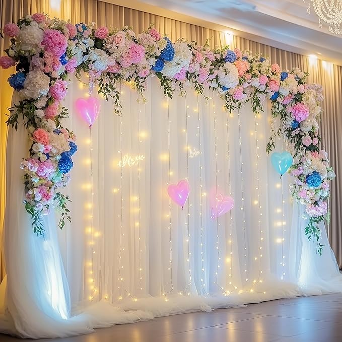Tulle Backdrop Curtain with Lights String 20 X 10FT Ivory Sheer Tulle Backdrop Curtains for Wedding Birthday Party Reception Photo Booth Background Decorations (4 Panels 5x10FT)