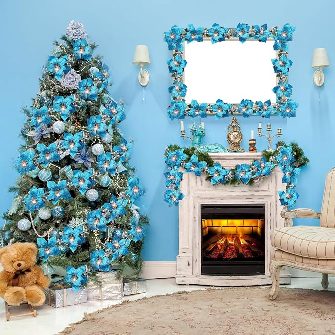 Zubebe 2 Pcs Prelit Poinsettia Christmas Garland with String Lights Glitter Holly Leaves Berries Remote Timer 8 Modes 6.5 ft Lighted Flower Garland Battery Operated Indoor Outdoor Decor(Light Blue)