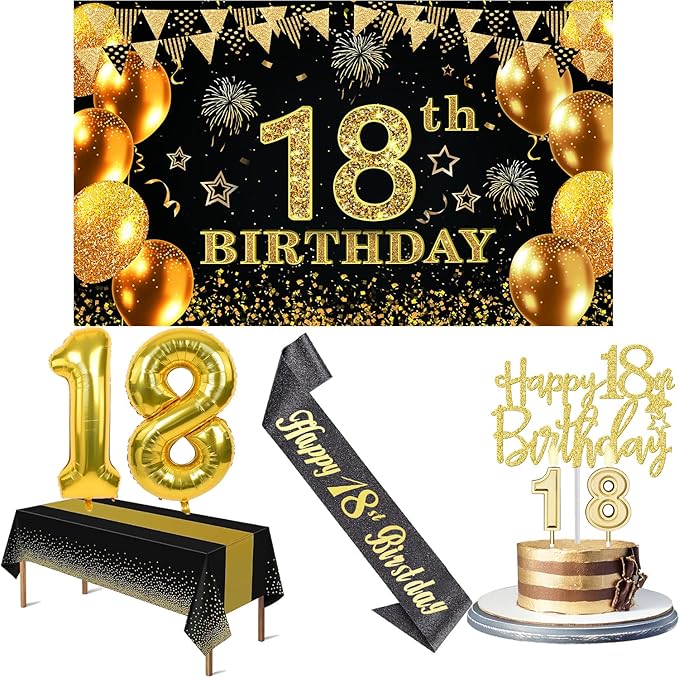 18th Birthday Decorations for Boys Girls with 18th Birthday Banner, Black and Gold Table Cloth, Number Balloons, Large Sash, Cake Topper and Candles