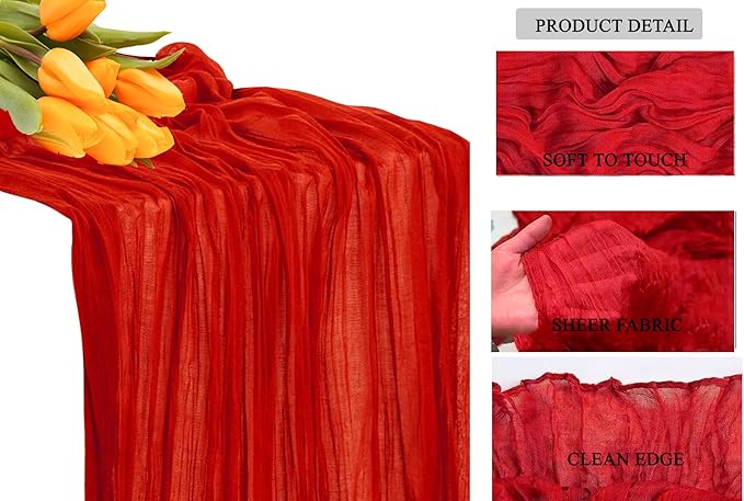MDS Pack of 25 Cheesecloth Table Runner 35x120 Inch, 10FT Long Gauze Cheese Cloth Table Runner for Wedding Party Birthday Bridal Shower Farmhouse Garden Boho Rustic Table Decoration - Red