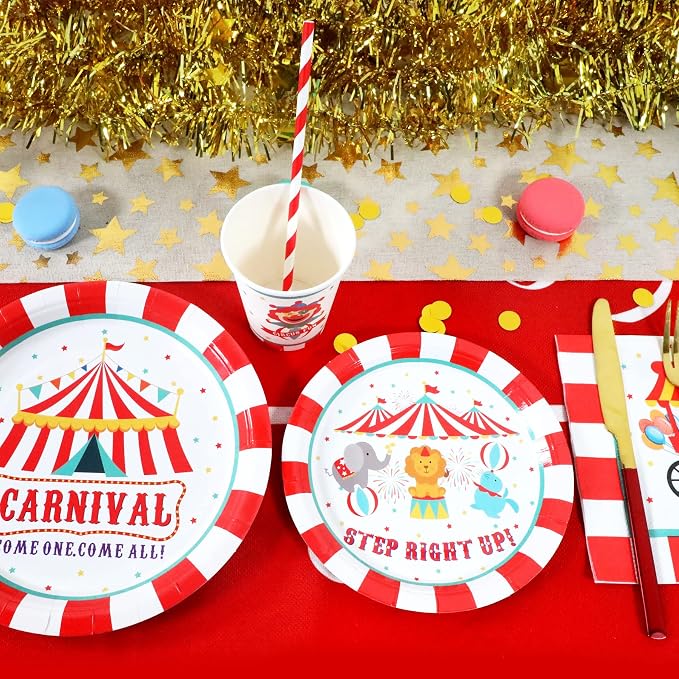 Recheel Carnival Party Supplies Decorations, Circus Theme Birthday Paper Plates and Napkins Set with Cups and Straws for 24 Guests, 120 Pcs Disposable Party Dessert Dinnerwares