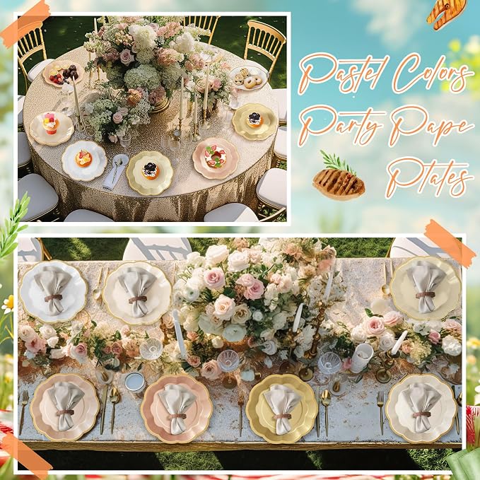 72 Pcs Champagne Gold Beige Paper Plates 9 Inch Rose Gold Gradient Scalloped Paper Disposable Dinner Dessert Plates for Birthday Wedding Bridal Party Supplies, 6 Colors