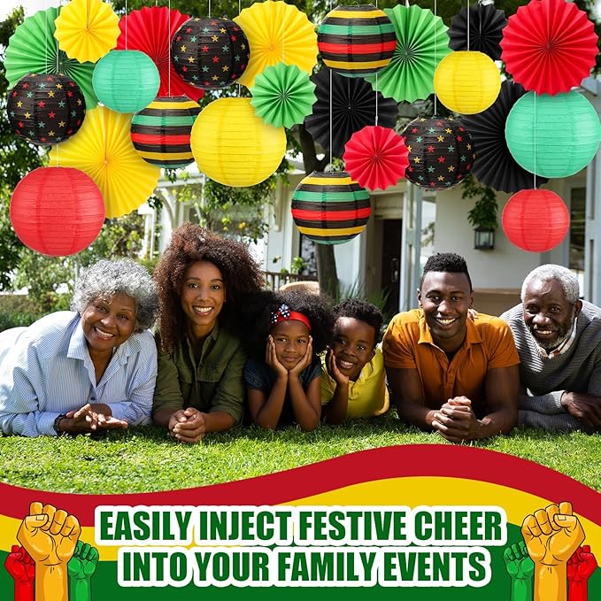 VIHOSE 24 Pcs Black History Month Decorations Juneteenth Decorations Red Green Yellow Round Hanging Lanterns Paper Fan Flowers for African American Party Independence Celebrate Freedom Party Supplies