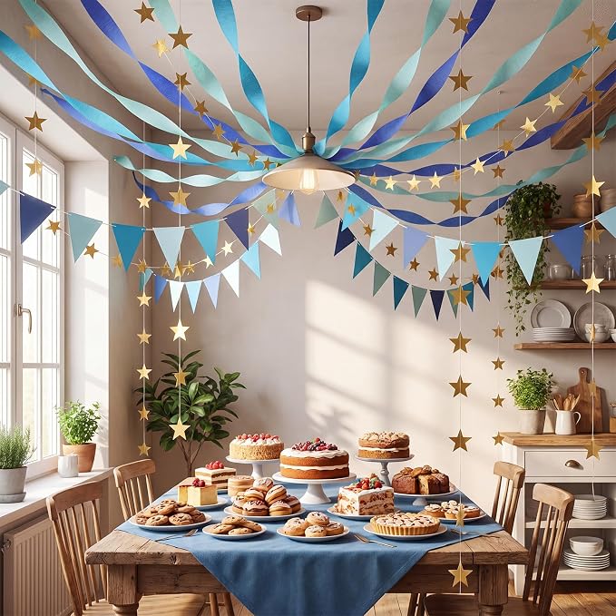 Frienda 14 Pcs Blue Party Decorations Set 492ft Colorful Crepe Paper Streamers, 52.8ft Gold Star Garlands Backdrop and 4 Pennant Banner Flags for Wedding Birthday Fancy Party Hanging Decorations