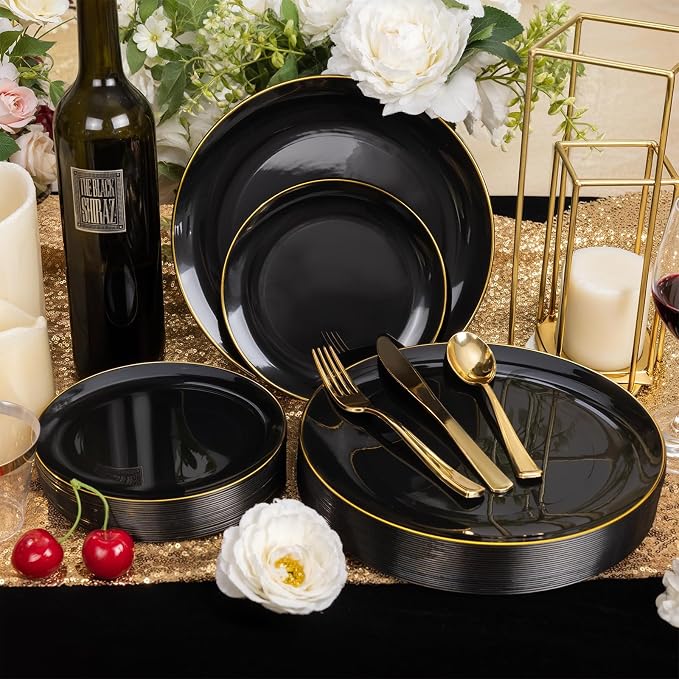 WDF 300PCS Black and Gold Plates - Black Plastic Plates for Party - 50 Guest Disposable Dinnerware Sets for Party/Wedding/Birthday/Halloween