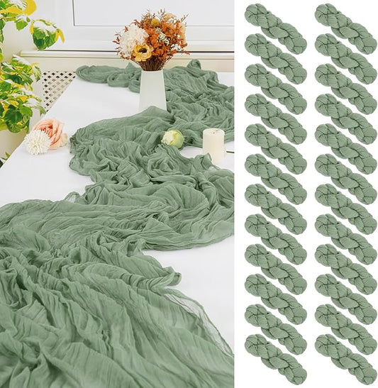 24 Pack Sage Green Cheesecloth Table Runner ,10FT Cheese Cloth Table Runner for Wedding Decor, 20x120inch Rustic Boho Gauze Table Runners for Wedding Party Bridal Shower Christmas