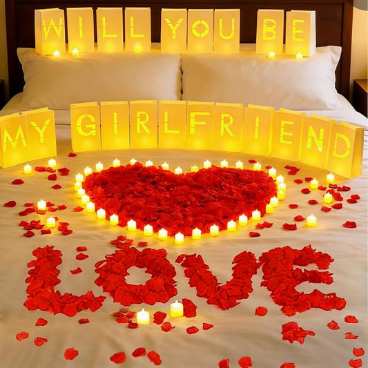 Will You Be My Girlfriend Light Up Letters Proposal Decorations with Luminary Paper Bags,Led Tea Candles,Red Rose Petals for Romantic Night,Valentines Day,Engagement Party,Proposals