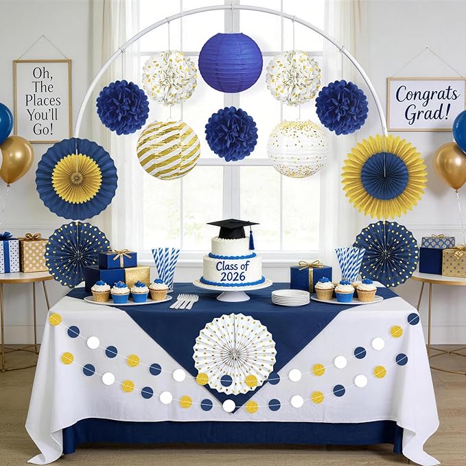 Blue and Gold Party Decorations - 22Pcs Hanging Navy Royal Blue White and Gold Paper Lanterns, Pom Poms, Fans & Honeycomb Balls for Graduation, Birthday, Retirement & Royal Theme Party Supplies