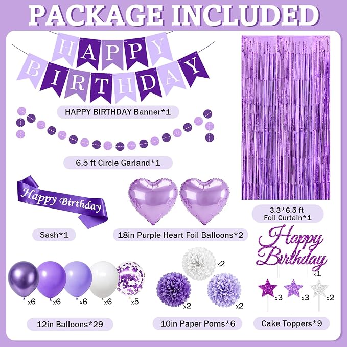 Purple Birthday Decorations, 50PCS Happy Birthday Decorations for Women Include Banner Balloons Sash Foil Fringe Curtain Paper Pompoms, Purple Party Decorations for Girls Women