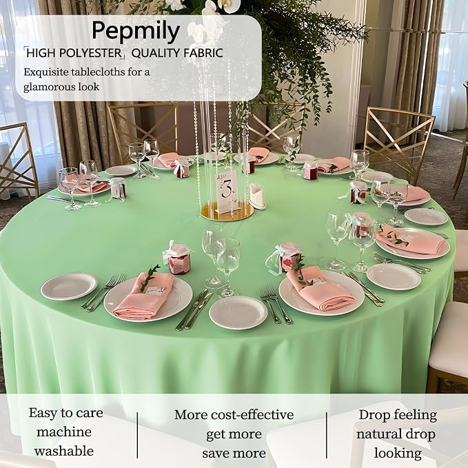 8 Pack Light Green Round Tablecloth 120 Inch Round Table Cloth, Wrinkle Resistant and Washable Tablecloth Polyester Fabric Table Cloth Round Cover for Dining Wedding Banquet Party