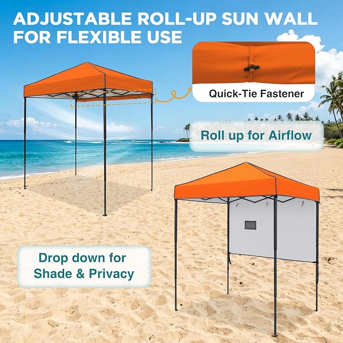 EAGLE PEAK 6x4 Instant Pop Up Canopy Tent with 1 Half Wall Panel, Straight Leg Sun Shelter, Portable Canopy with Carry Bag for Camping, Beach & Sports, Orange