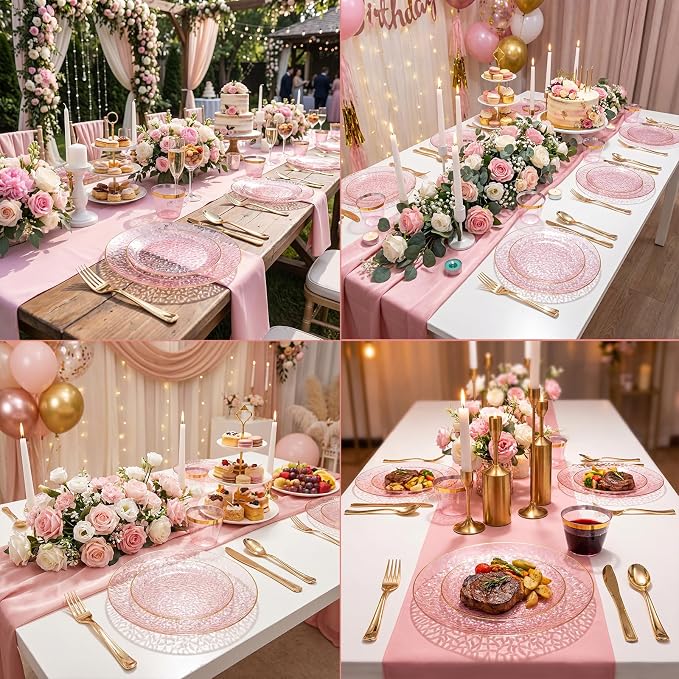 175PCS Pink Plastic Plates for 25 Guests, Disposable Plates for Party, Heavy Duty Disposable Plate Set Include: 25 Dinner Plates, 25 Dessert Plates, 25 Cups and Cutlery for Mother's Day