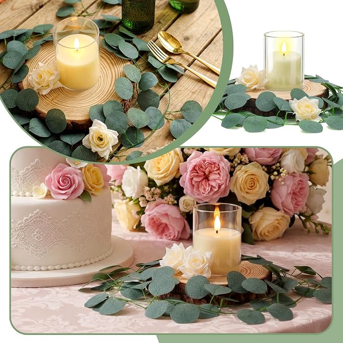 VIHOSE 60 Pcs Wooden Wedding Candle Centerpiece Includes 6.3"-7.1" Round Wood Slices, Eucalyptus Garlands, Flameless LED Candles and Artificial Roses for Wedding Country Farmhouse Table Decor, 12 Sets