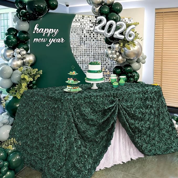 B-COOL Tablecloth Rosette Dark Green 60x102 Inch 3D Floral Satin Rectangle Table Fabric Overlay for Birthday Holiday Party Photography Table Decorations