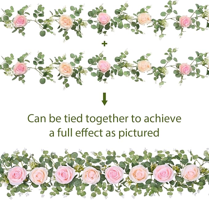 Dolicer 4Pcs 26 Ft Artificial Eucalyptus Garlands with Flowers - 8 Roses, Faux Floral Greenery Garlands Fake Flowers Vines for Wedding Table Centerpieces Arch Party Ceremony Backdrop Decor (Pink)