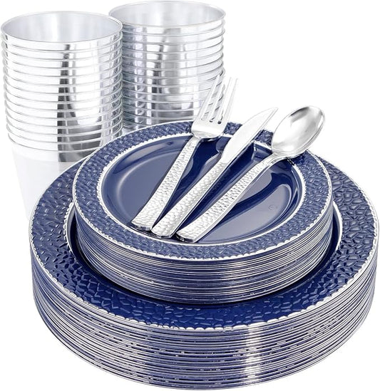 Ciaell 150 PCS Blue and Silver Plastic Plates - Blue Disposable Plate include 50 Plates, 25 Knives, 25 Forks, 25 Spoons, 25 Cups for Weddings & Party