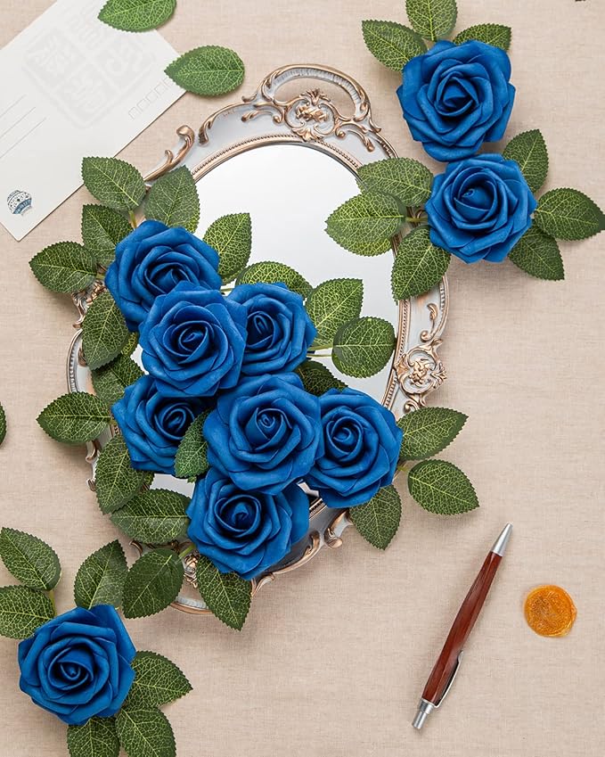 DuHouse 25Pcs Artificial Roses Flowers Fake Roses with Stems Real Touch Foam Flowers for DIY Wedding Bouquet Centerpiece Floral Arrangement Party Home Decor(Royal Blue)
