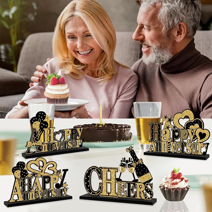 4 Pieces Anniversary Decorations Wooden Table Centerpieces, Black Gold Happy Wedding Anniversary Table Sign Party Supplies, 10th 20th 30th 40th 50th 60th Anniversary Table Decor for Indoor Outdoor