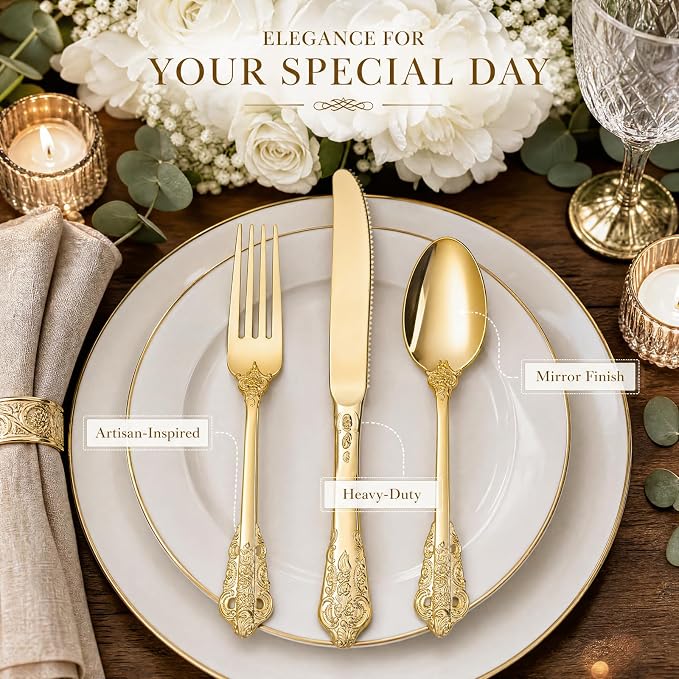 WDF 120PCS Gold Plastic Silverware - Heavy Duty Gold Plastic Cutlery Set Disposable Utensils - 40 Forks, 40 Spoons, 40 Knives, Perfect for Party Weeding Daily Use Baby Showe Spring