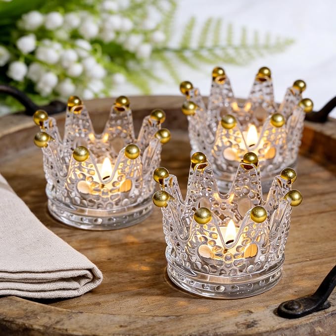 Rubtlamp 6 Pack Clear Gold Crown Glass Candle Holder, Clear Votive Candle Holders with Gold Tips, Tealight Candles Holders for Table Centerpieces, Wedding, Birthday