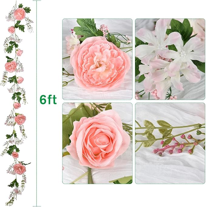 Lvydec 2 Pack Artificial Peony Flower Garland - 6ft Silk Peony Pink Flower Garland for Wedding Party Table Decoration (2, Pink)
