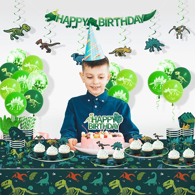274 Pcs Dinosaur Birthday Decorations, Dinosaur Birthday Party Supplies with Banner, Balloons, Cake Toppers, Plates, Cups and Tablecloth for Boy Dino Party Decor, Serves 24