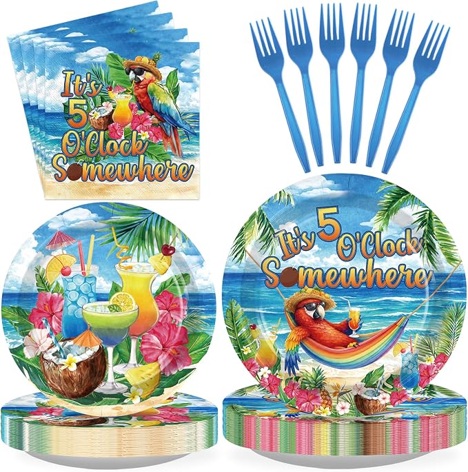 96 Pcs Hawaiian Tropical Luau Party Decorations Summer Parrot Drinks Plates and Napkins It's Five O'Clock Somewhere Tableware Set for Hawaii Summer Beach Holiday Party Supplies, Serves 24