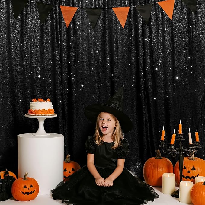 SquarePie 6x6ft Black Sequin Backdrop for Photography, Satin-Backed Real Sequin Curtain, Enhanced Coverage Shimmering Background with 4" Rod Pocket for Wedding, Birthday, Party Decor, 1 Panel