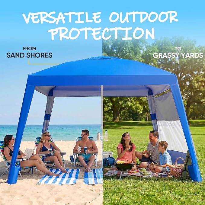 Sekey Beach Cabana - 8x8 FT Easy Setup Beach Shade Canopy UPF 50+ Sun Shelter with Sandbag & Side Wall, Large Portable Outdoor Tent for Family, Blue