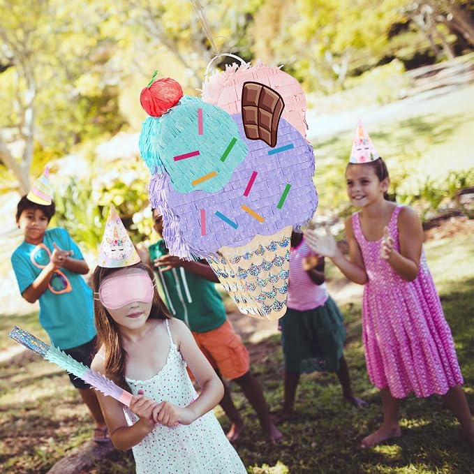 WERNNSAI Ice Cream Piñata - Summer Ice Cream Party Decorations for Kids Girls Birthday Pink Piñata Game Candyland Sweet Theme Party favors supplies with Bat Blindfold