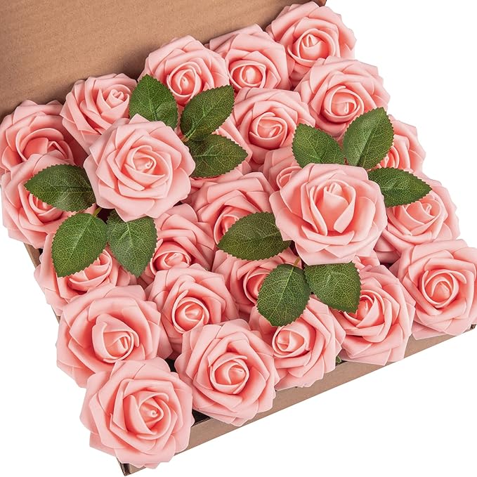 DuHouse 25Pcs Artificial Roses Flowers Fake Roses with Stems Real Touch Foam Flowers for DIY Wedding Bouquet Centerpiece Floral Arrangement Party Home Decor(Peach)