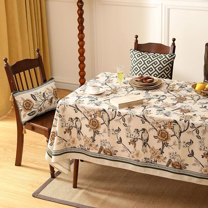 ISAENNE Designer Vintage Linen Tablecloth Rectangular,102"x63"-Murad A | French Elegant Table Cloth for Rectangle Table,Floral and Bird Pattern for Dining Kitchen Tea Party Thanksgiving,Decor